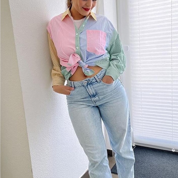 Multicolor Striped Casual Oversized Button Down Shirt Blue, Green, Yellow, Pink - Picture 8 of 11